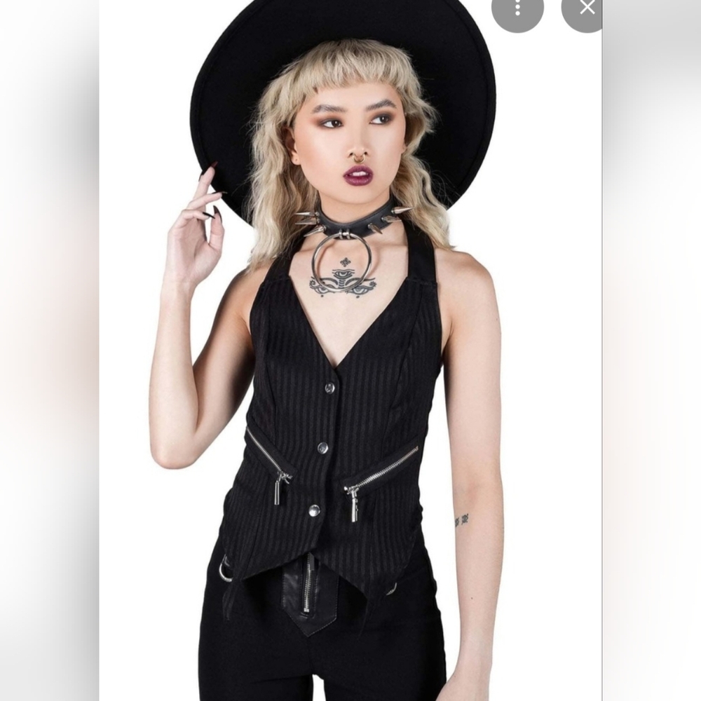 Killstar Office Riot Vest Pinstripe with Zipper Accents